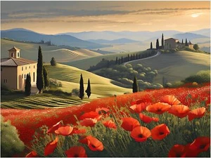 Poppy Field Tuscan Landscape Flowers Tile Mural Kitchen Bathroom Wall Backsplash - Picture 1 of 16