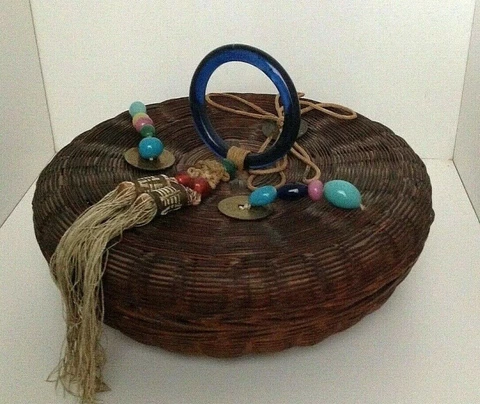 Vintage Antique SEWING BASKET VICTORIAN WICKER ASIAN 1800'S BEADS Cover