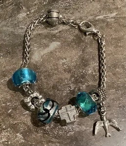 Vintage 90er Heiliger Geist blaue Glasperlen & Silber Charms Armband/Ohrringe - Bild 1 von 5