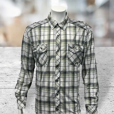 Camisa BKE Hebilla Negra Verde Blanca Envejecida Industrial Western Ajuste Atlético XL Foto 1 de 4