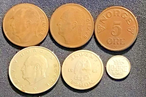 LOT OF 6 NORWAY 3 5 ORE, 1953,60,62 1 1951 KRONER, 1 1987 5 KRONER, 10 ORE UNC - Picture 1 of 2