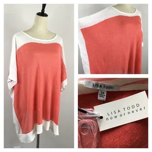 NWT LISA TODD Womens sz 2X Coral White Colorblock 100% Linen Wide Sleeve Sweater - Picture 1 of 9