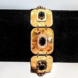 Holly Yashi Signed Gold Niobium Gemstone Onyx Panel Link Bracelet 7 1/2" - Picture 1 of 9