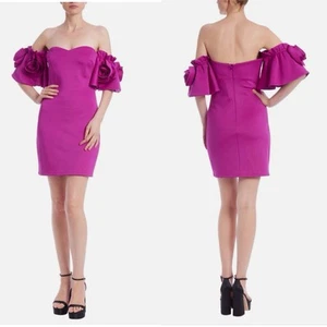 Jewel Badgley Mischka Rosette Mini Dress Pink Off The Shoulder Size 2 Cocktail - Picture 1 of 11