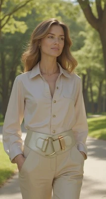 Women Champagne Beige Color Lovely Posh Look Belt Hip Waist Elastic Hook L XL - Image 1 of 4