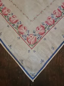 Vintage 13" Handkerchief White W/ Blue Border And Pink, Blue Floral Pattern,... - Picture 1 of 5