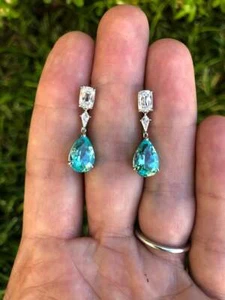Ultra Exclusive Pair Greenish Blue Paraiba 17.98CT Tourmaline 1.83CT CZ Earrings - Picture 1 of 5