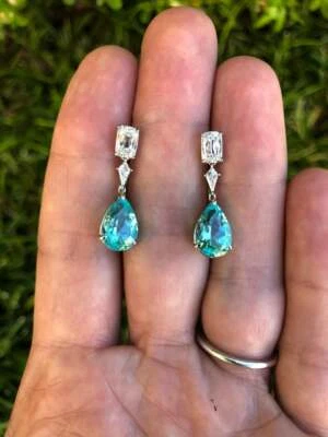Ultra Exclusive Pair Greenish Blue Paraiba 17.98CT Tourmaline 1.83CT CZ Earrings - Image 1 of 4