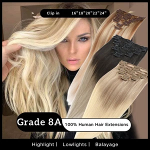 Clip in Human Hair Extensions Full Head 100% Real Remy Hair 8PCS Weave Balayage - Picture 1 of 38
