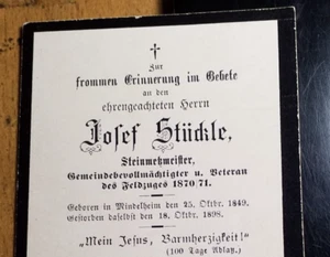 Steinmetzmeister Josef Stückle - Mindelheim 1849 - 1898 / Totenzettel - Bild 1 von 2