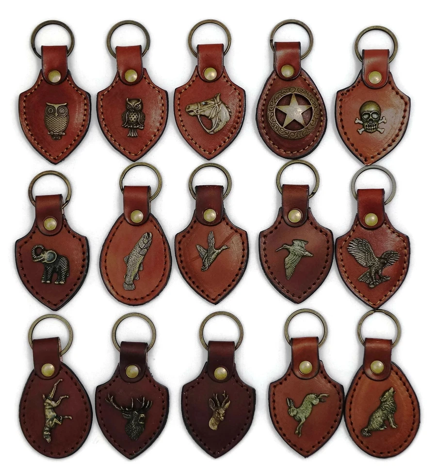 LEATHER KEY Chain RING Handmade with animal deer duck dog rabbit owl wolf horse - Image 1 of 1