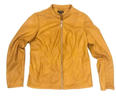 Abrigo de moto Alfani para mujer imitación cuero vegano pequeño amarillo cuello mandarín liso Foto 1 de 4