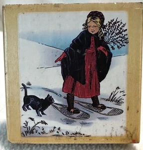 PSX Tasha Tudor Corgi Cottage Schneeschuh Mädchen mit Katze Holz montiert Stempel - Bild 1 von 7