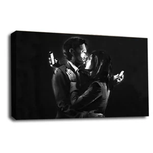 Banksy Art Print Mobile Lovers Blue Grey Framed Graffiti Canvas Wall Picture - Picture 1 of 6