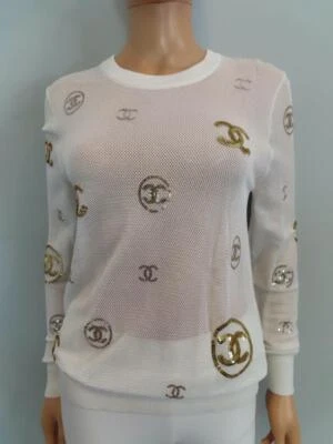 CHANELOff - Suéter de lentejuelas blanco/dorado y plateado entrelazado con logotipo CC F 38/EE. UU. 6 Foto 1 de 4