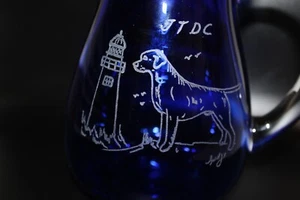 Cobalt Blue Glass Etched Pitcher Signed 7” Dog Retriever Lighthouse Hand Blown - Picture 1 of 10