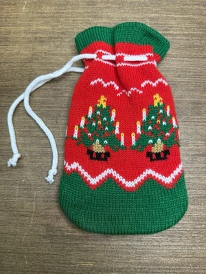 Vintage Knit Acrylic Christmas Gift Bag Red Green Wine Bag - Image 1 of 4