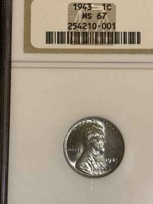 :1943-P 1C LINCOLN STEEL CENT NGC MS67 BRIGHT & SHINING RARITY R2 HIGHEST GRADES - Image 1 of 2
