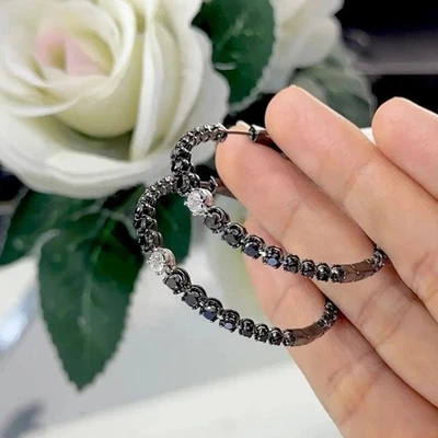 2Ct Rund Künstlicher Schwarzer Diamant Damen Creole Ohrringe 14K Vergoldet - Bild 1 von 4