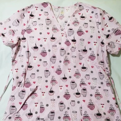 Just B Ladies Scrub Top Pink Coffee Cups Sz 1X - Image 1 of 4