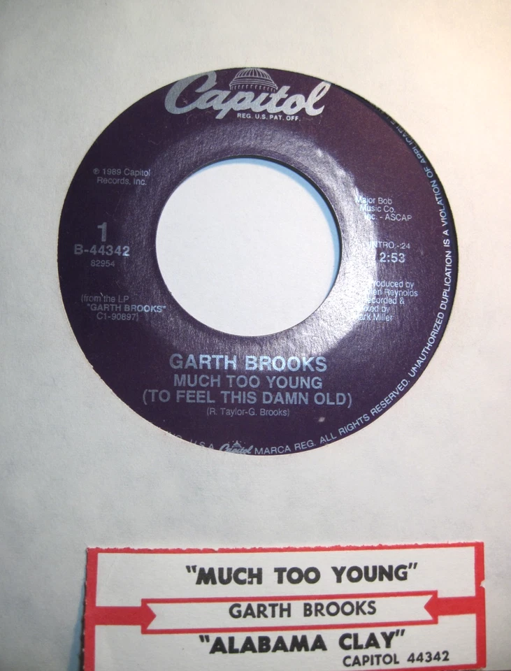 GARTH BROOKS * 45 * Much Too Young * 1989 * UNPLAYED MINT USA * with TAG - Image 1 of 1