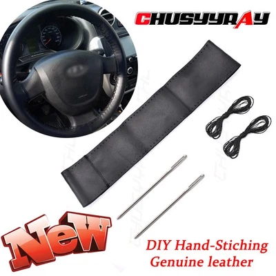 Cubierta de volante de 15" hágalo usted mismo cuero genuino negro apta para marca Honda Accord Civic Foto 1 de 4