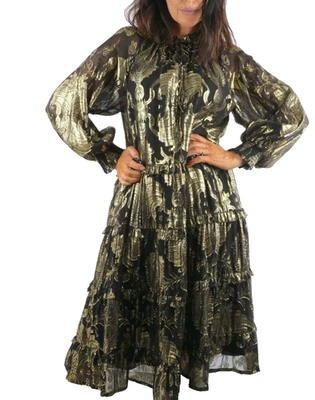 Платье Alice & Olivia Layla из золотой шелковой смеси с оборками с длинными рукавами для вечеринки размер M - Изображение 1 из 4