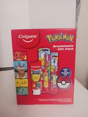 NIB Pokemon Colgate Gift Pack Electric & Manual Toothbrush Toothpaste Cap  - Image 1 of 3