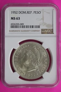 1952 MS 63 Dominican Republic Peso Silver Coin NGC Certified Authentic Slab 563 - Picture 1 of 3
