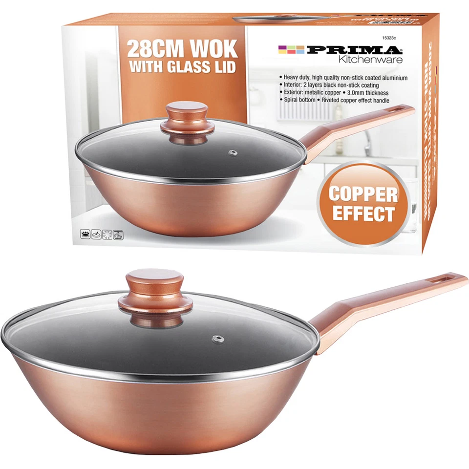 28cm Non Stick Wok With Glass Lid Saucepan Pot Copper Stir Fry Cookware Cooking