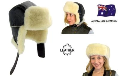 Sheepskin & Leather Trapper Ushanka Aviator Hat Ear Flaps Cap Fur Snow Unisex - Image 1 of 4