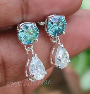 5.70Ct Blue & White Diamond Dangler Earrings, 925 Silver, Push Back - Picture 1 of 18