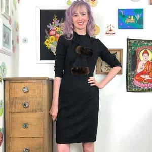 Vintage Black Wool Wiggle Dress w Fur Trim Collar, 50s 60s Sheath Dress, Sz S - Picture 1 of 10