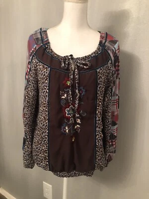 Double D Ranch Patchwork Embroidered Leopard Elastic at Bottom Blouse- Sz XS - Image 1 of 4