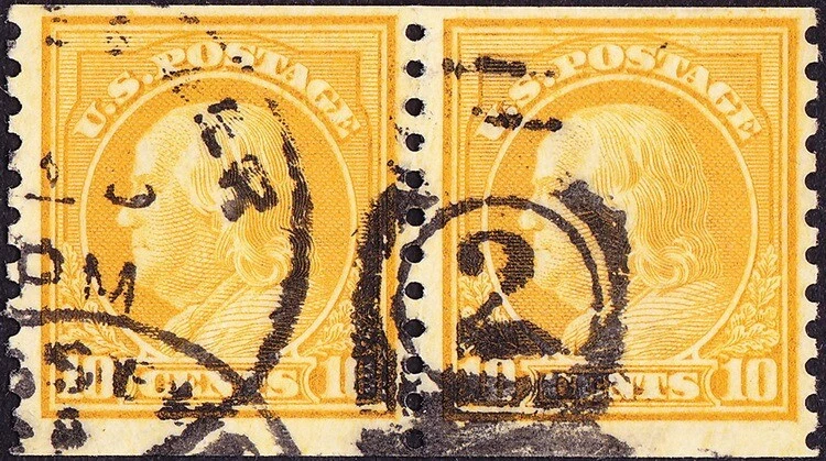US Stamp Scott # 497 Coil Pair Postally Used F-VF 10 Cents Yellow Franklin Issue - Image 1 of 1