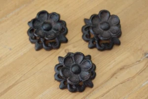 3 Ornate Drawer Knobs Pulls Handles Rustic Cast Iron Kitchen Cabinet Flower - Picture 1 of 8