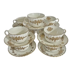 MINTONS ENGLAND BONE CHINA MARLOW PATTERN GOLD CUP & SAUCER SETS - SET OF 12 - Picture 1 of 5