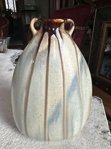 Vintage 2119 Belgium Double Handled Drip Vase 1930’s Art Pottery Blue Tan Brown - Picture 1 of 9