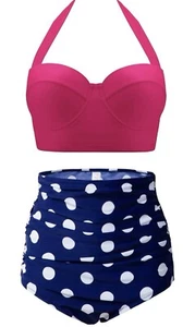 Retro Halter Swimsuit High Waist Polka Dot Bikini Set Pin Up Style A6 - Picture 1 of 6