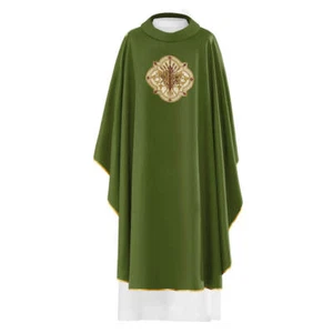 Vestimenta de casulla católica bordada verde y estola con símbolo IHS y Chi Rho - Imagen 1 de 3