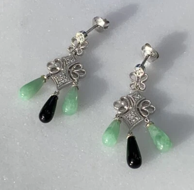 Pendientes largos de oro blanco de 18 quilates, diamantes, jade y ónix, estilo Art Deco Foto 1 de 4