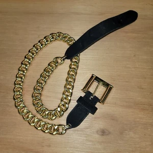 Vtg Chunky Gold Tone Chain Belt Black Suede Metal Buckle 80s Glam Goth Sz L USA - Picture 1 of 24