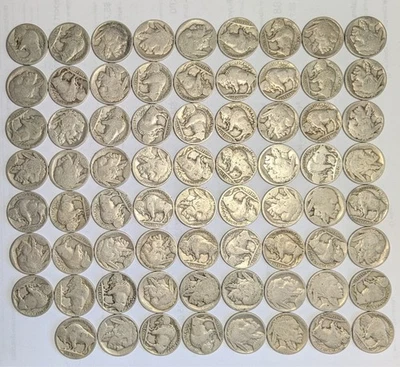 1913-1938 pds buffalo nickels 5c - lot of 71 - no date/part date - free shipping - Image 1 of 4