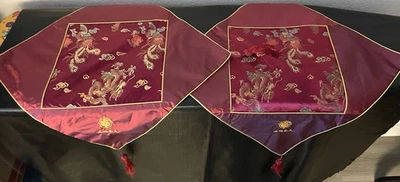Set/2 Chinese Style Silk Tasseled Zippered Pillow Covers Burgundy Red 16”(Flaw) - Image 1 of 4