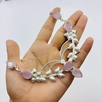 Collar de joyería de plata de ley 925 con piedras preciosas de cuarzo rosa talla 17-18" Foto 1 de 4