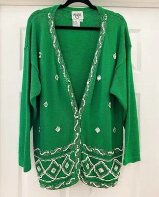 Cárdigan Suéter Cervelle Vintage Con Cuentas Adornado con Perlas Cuello en V Verde Kelly Foto 1 de 4