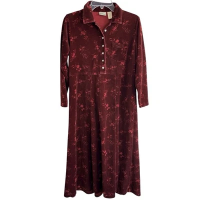 VTG L.L. Bean Velvet Burgundy  Maxi Dress Floral Size 8P Mother Of Pearl Buttons - Image 1 of 4