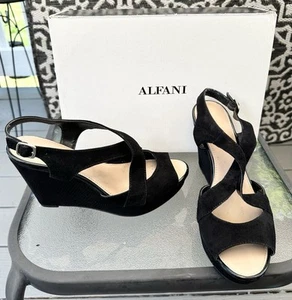 Alfani Pellae Women's Black Suede Strappy Buckle Open Platform Wedge Heel 8 - Picture 1 of 7