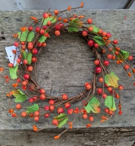 Fall ORANGE BERRY LEAF CANDLE RING Wreath 6" x 10" Harvest Autumn NEW - Picture 1 of 3