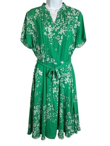 Nanette Lepore Pleated Tie Waist A-Line Floral Crepe Dress Size 10 Green - Picture 1 of 7